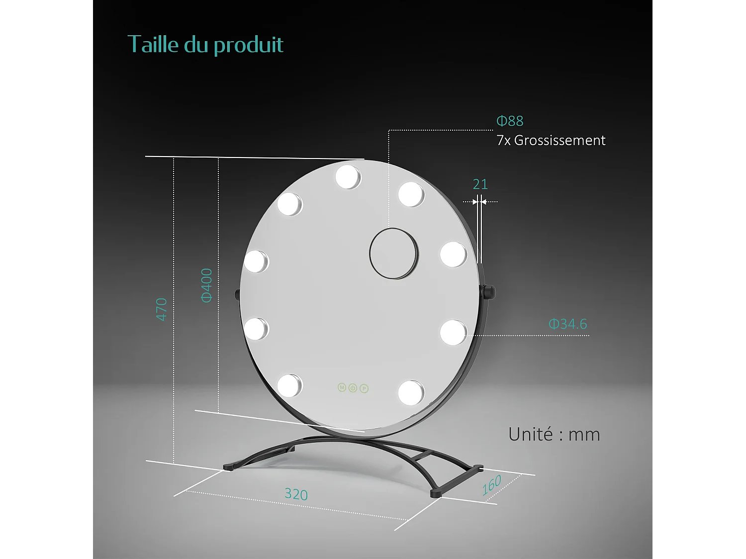 EMKE Miroir de maquillage Hollywood avec Ampoules LED Miroir grossissant Interrupteur tactile 3 couleurs dimmable Rotation à 360° - Cadre Noir 47x40cm