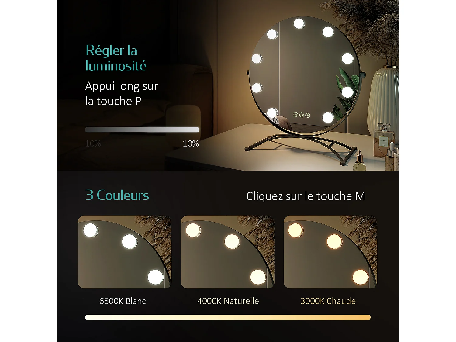 EMKE Hollywood specchio di vanità con luce, 47x40cm rotondo nero, specchio di vanità girevole a 360°, con 3 luci dimmerabili