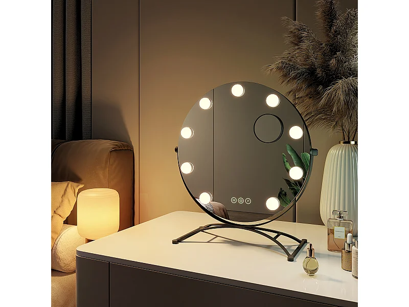 EMKE Miroir de maquillage Hollywood avec Ampoules LED Miroir grossissant Interrupteur tactile 3 couleurs dimmable Rotation à 360° - Cadre Noir 47x40cm