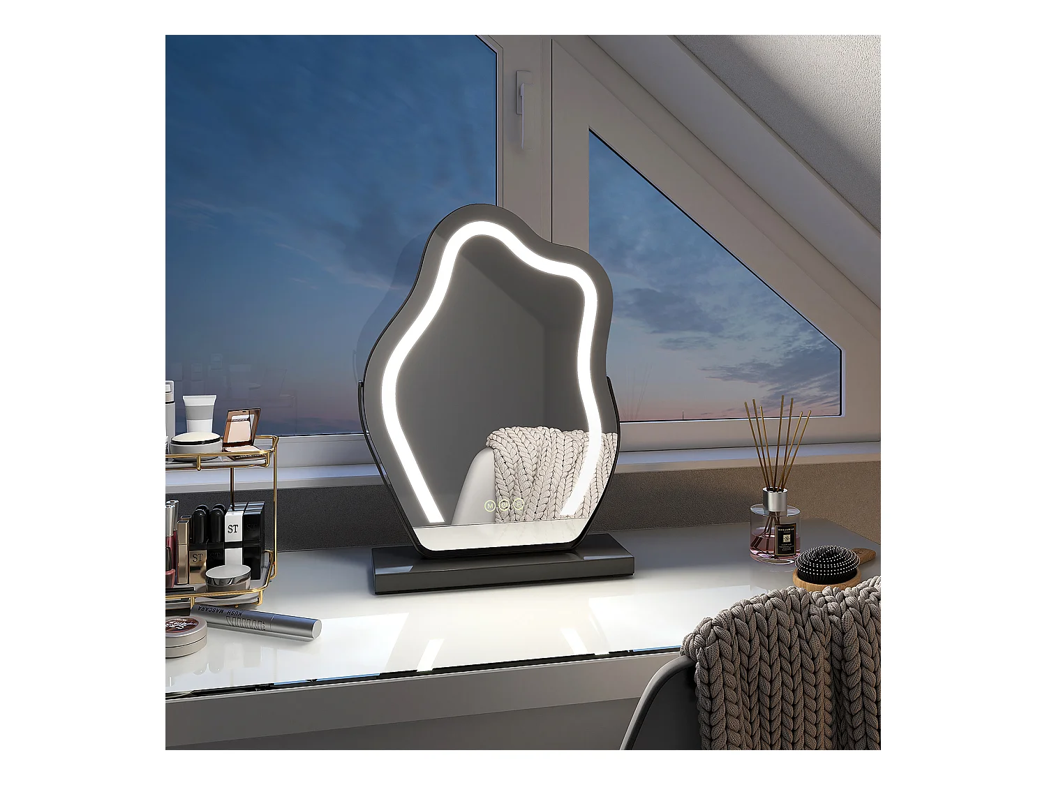 EMKE Miroir de maquillage avec LED Miroir de maquillage irrégulier Interrupteur tactile 3 couleurs Dimmable Rotation à 360°, Cadre Noir 43x30cm