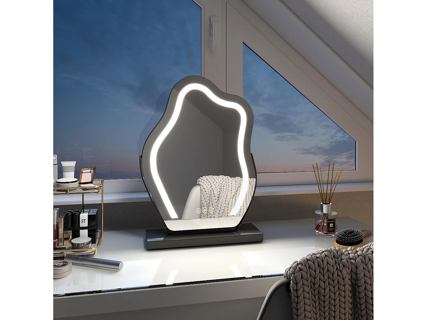 EMKE Miroir de maquillage avec LED Miroir de maquillage irrégulier Interrupteur tactile 3 couleurs Dimmable Rotation à 360°, Cadre Noir 43x30cm