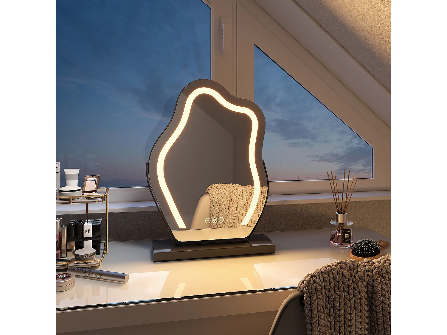 EMKE Miroir de maquillage avec LED Miroir de maquillage irrégulier Interrupteur tactile 3 couleurs Dimmable Rotation à 360°, Cadre Noir 43x30cm