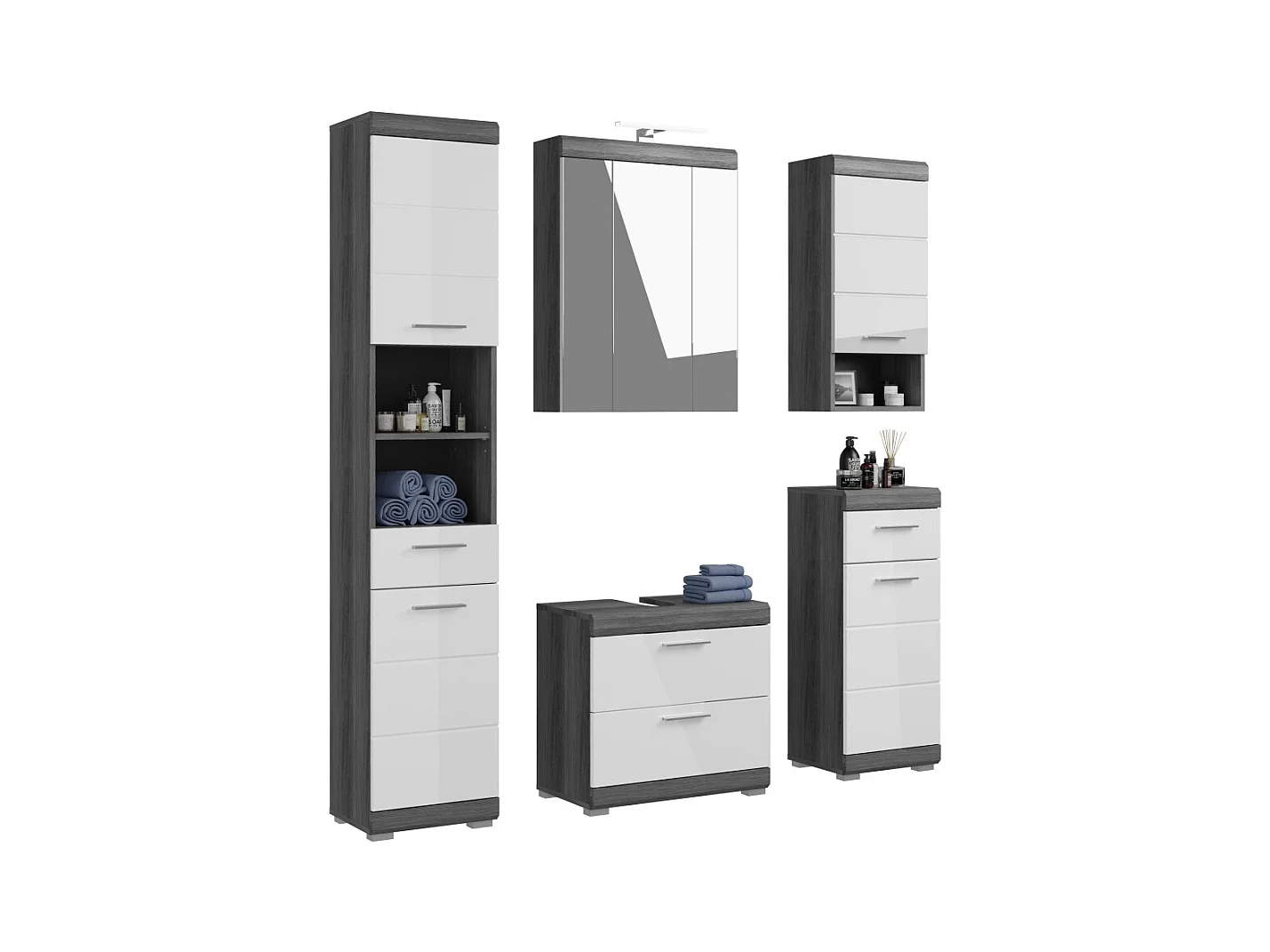 Badezimmer-Set SCOTT – Waschtischunterschrank, LED-Spiegel, Hochschrank und Halbschränke