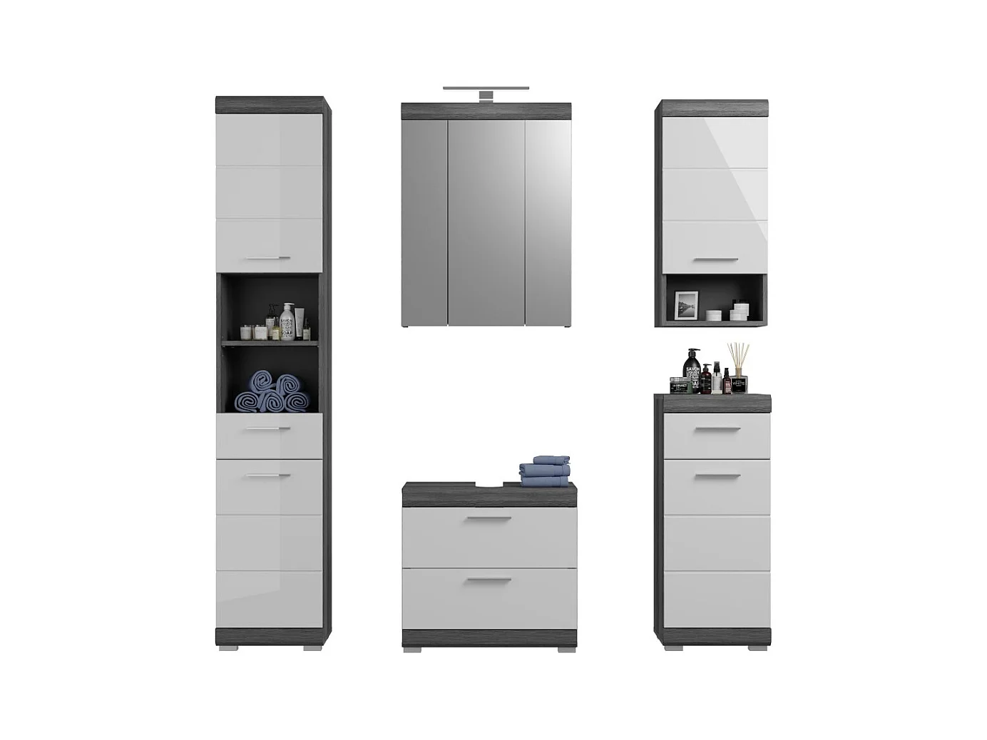 Badezimmer-Set SCOTT – Waschtischunterschrank, LED-Spiegel, Hochschrank und Halbschränke