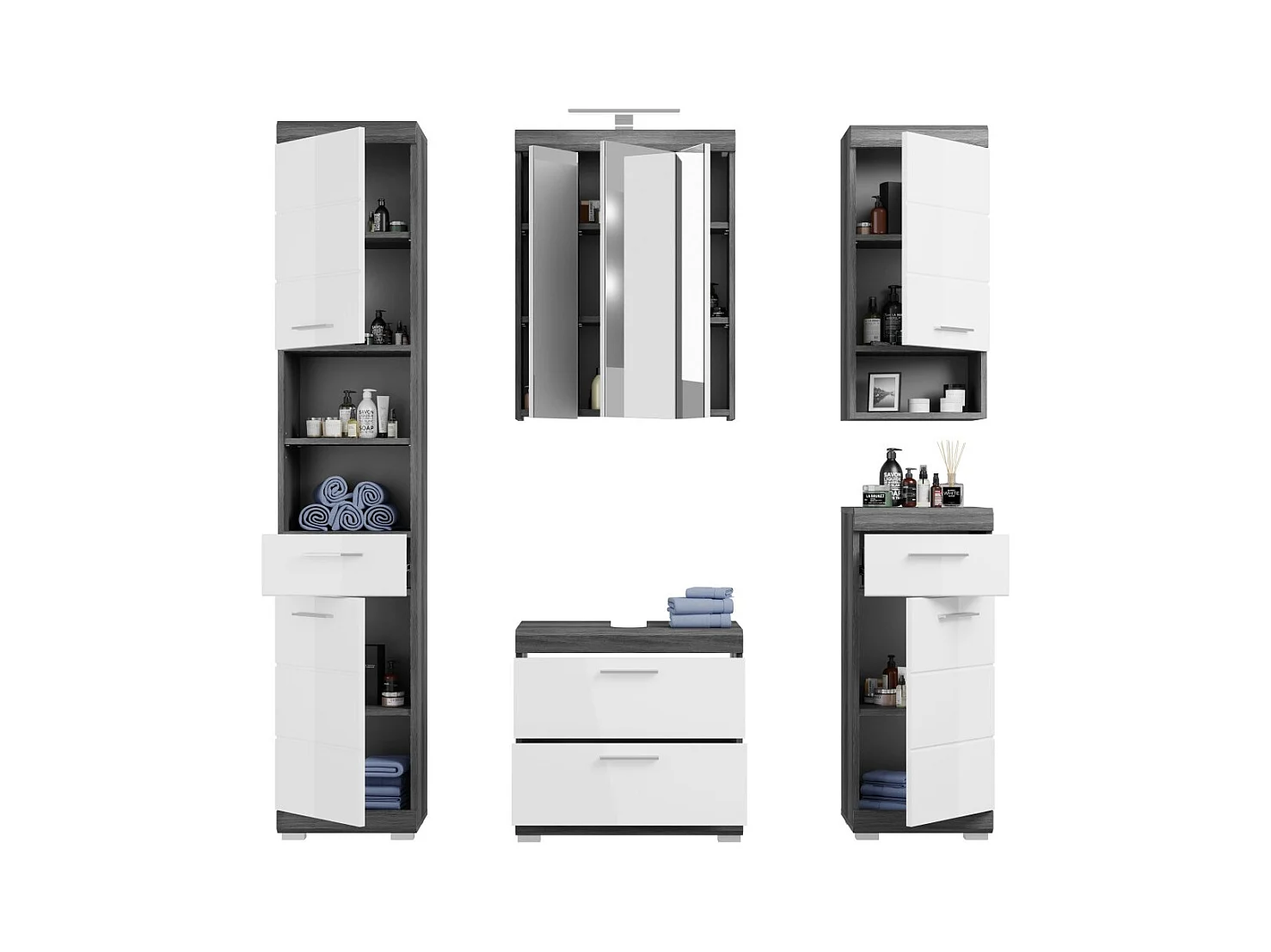 Badezimmer-Set SCOTT – Waschtischunterschrank, LED-Spiegel, Hochschrank und Halbschränke