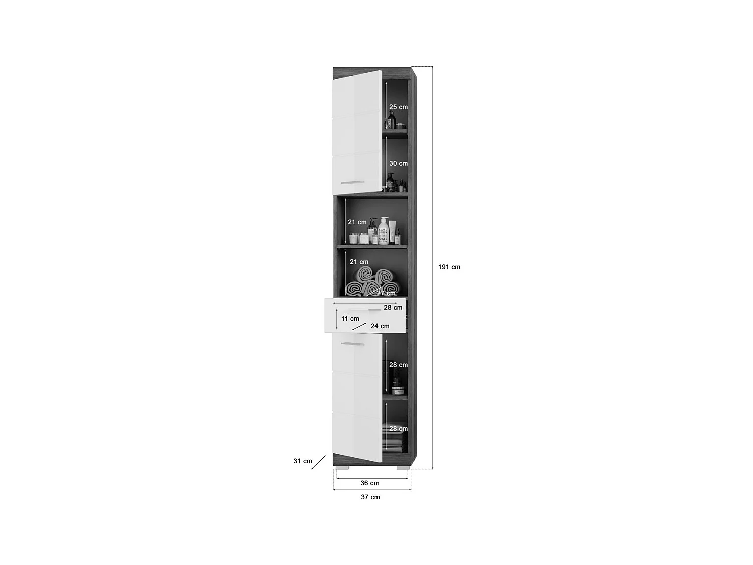 Badezimmer-Set SCOTT – Waschtischunterschrank, LED-Spiegel, Hochschrank und Halbschränke
