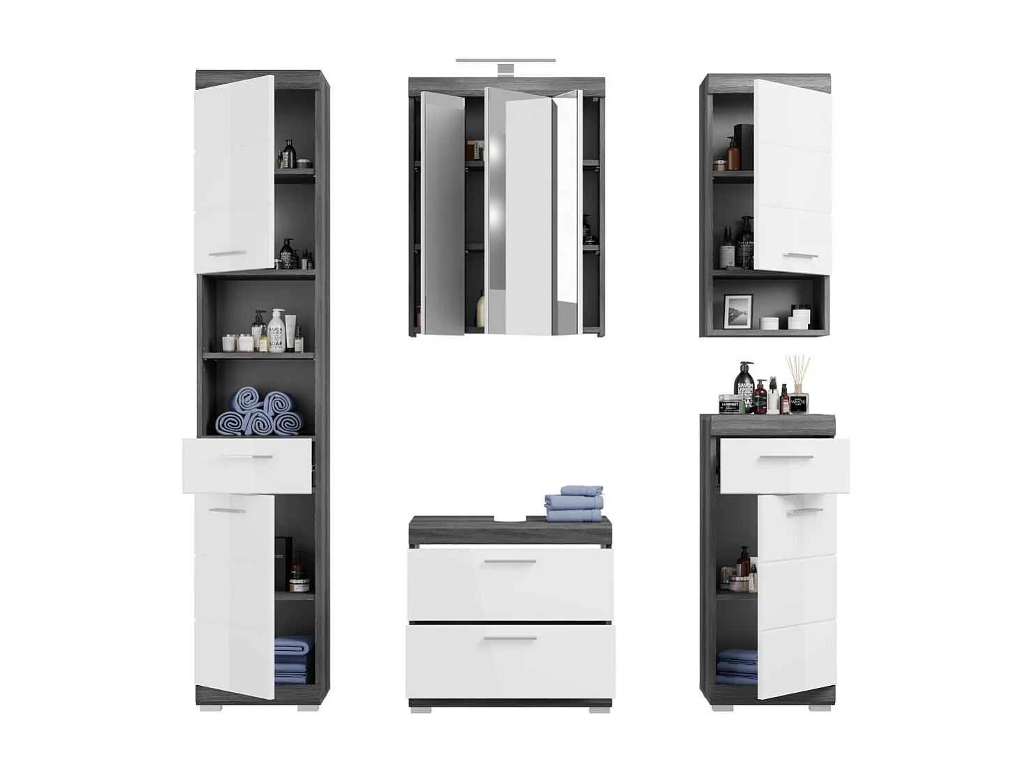 Conjunto de baño SCOTT – Mueble bajo lavabo, espejo LED, columna y semicolumnas