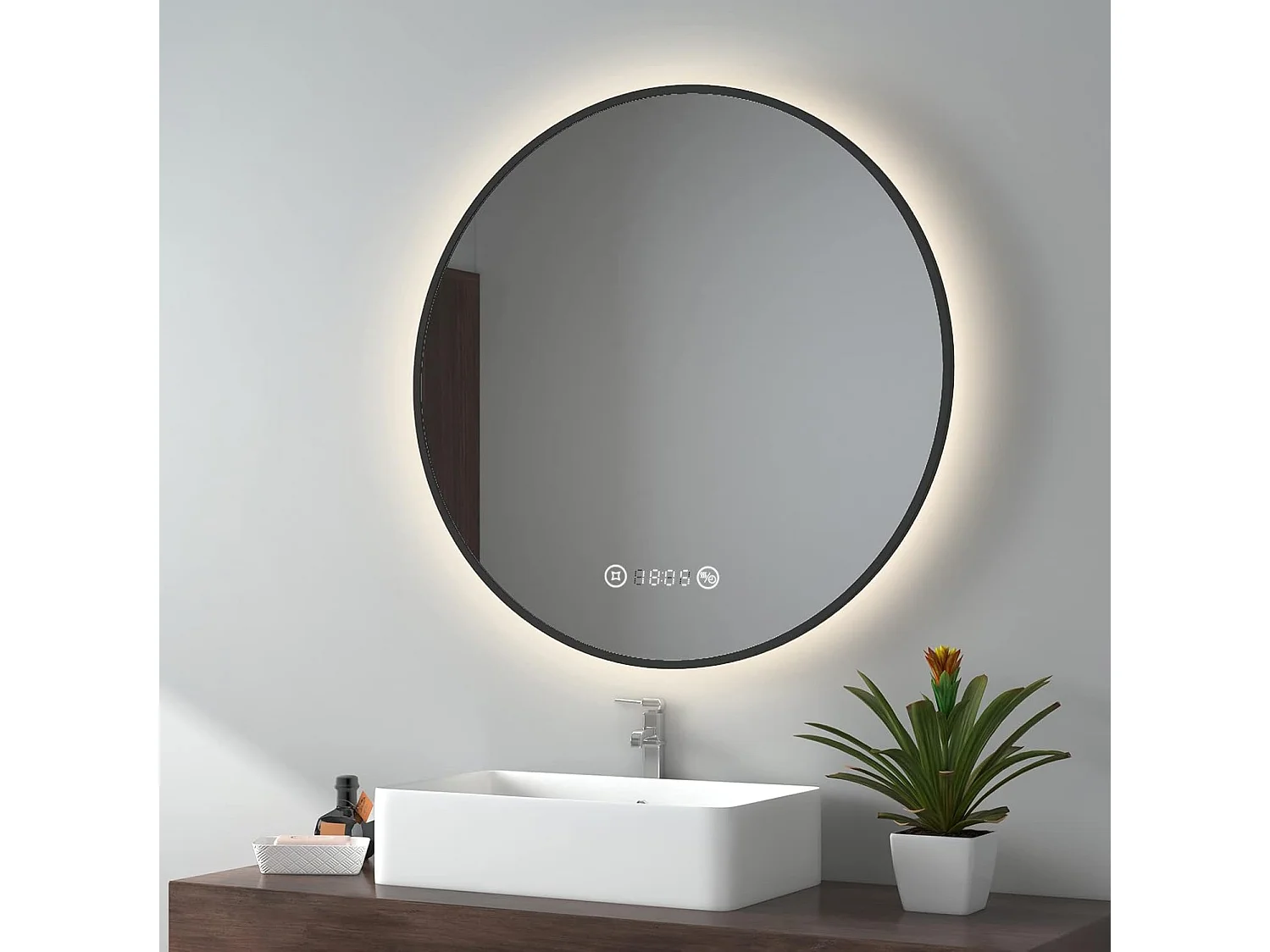 EMKE Miroir lumineux salle de bain rond diamètre 80cm Cadre Noir, Miroir LED, Interrupteur Tactile, Anti-buée, Horloge et Temperature, Lumière Neutre