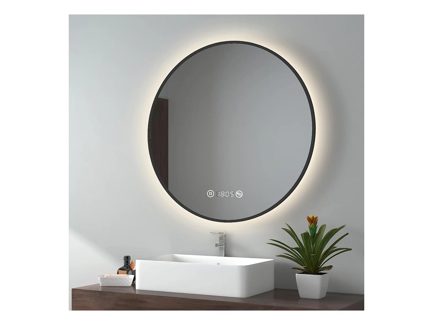 EMKE Miroir lumineux salle de bain rond diamètre 80cm Cadre Noir, Miroir LED, Interrupteur Tactile, Anti-buée, Horloge et Temperature, Lumière Neutre