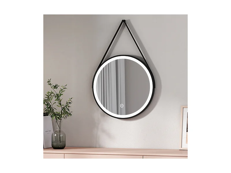 EMKE LED Specchio da bagno rotondo con cornice nera e tracolla regolabile Interruttore a sfioramento - Diametro 50cm | Luce bianca fredda