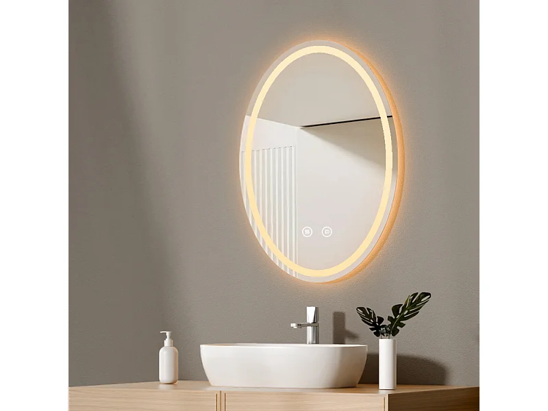 EMKE Specchio per bagno a LED 60 × 80 cm Specchio per bagno luminoso con 3 colori di luce regolabili+Anti-appannamento, risparmio energetico