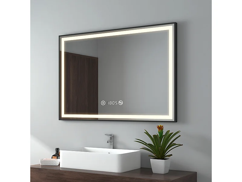 EMKE LED Badkamerspiegel 100x70 cm, Zwart Frame, Spiegel met Verlichting, Touchschakelaar, Anti-condens, Klok en Temperatuur, Neutraal Licht