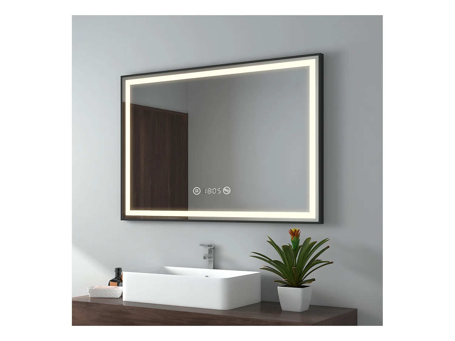 EMKE LED Badkamerspiegel 100x70 cm, Zwart Frame, Spiegel met Verlichting, Touchschakelaar, Anti-condens, Klok en Temperatuur, Neutraal Licht