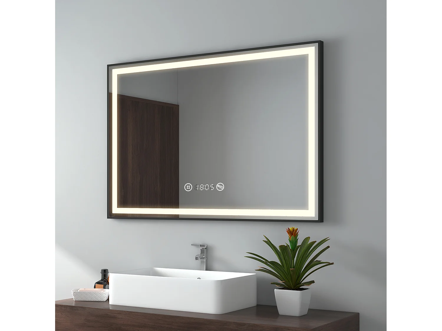 EMKE Miroir lumineux salle de bain 100x70cm, Cadre noir, Miroir LED avec Interrupteur Tactile, Anti-buée, Horloge et Température, Lumière Neutre
