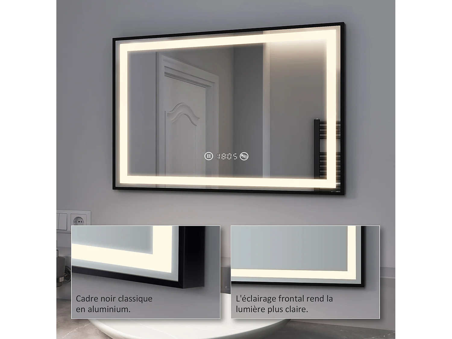 EMKE Miroir lumineux salle de bain 100x70cm, Cadre noir, Miroir LED avec Interrupteur Tactile, Anti-buée, Horloge et Température, Lumière Neutre