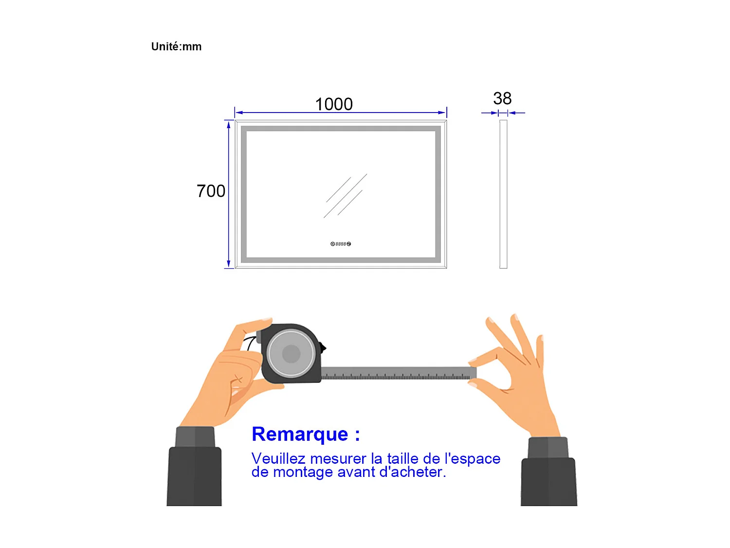 EMKE Miroir lumineux salle de bain 100x70cm, Cadre noir, Miroir LED avec Interrupteur Tactile, Anti-buée, Horloge et Température, Lumière Neutre
