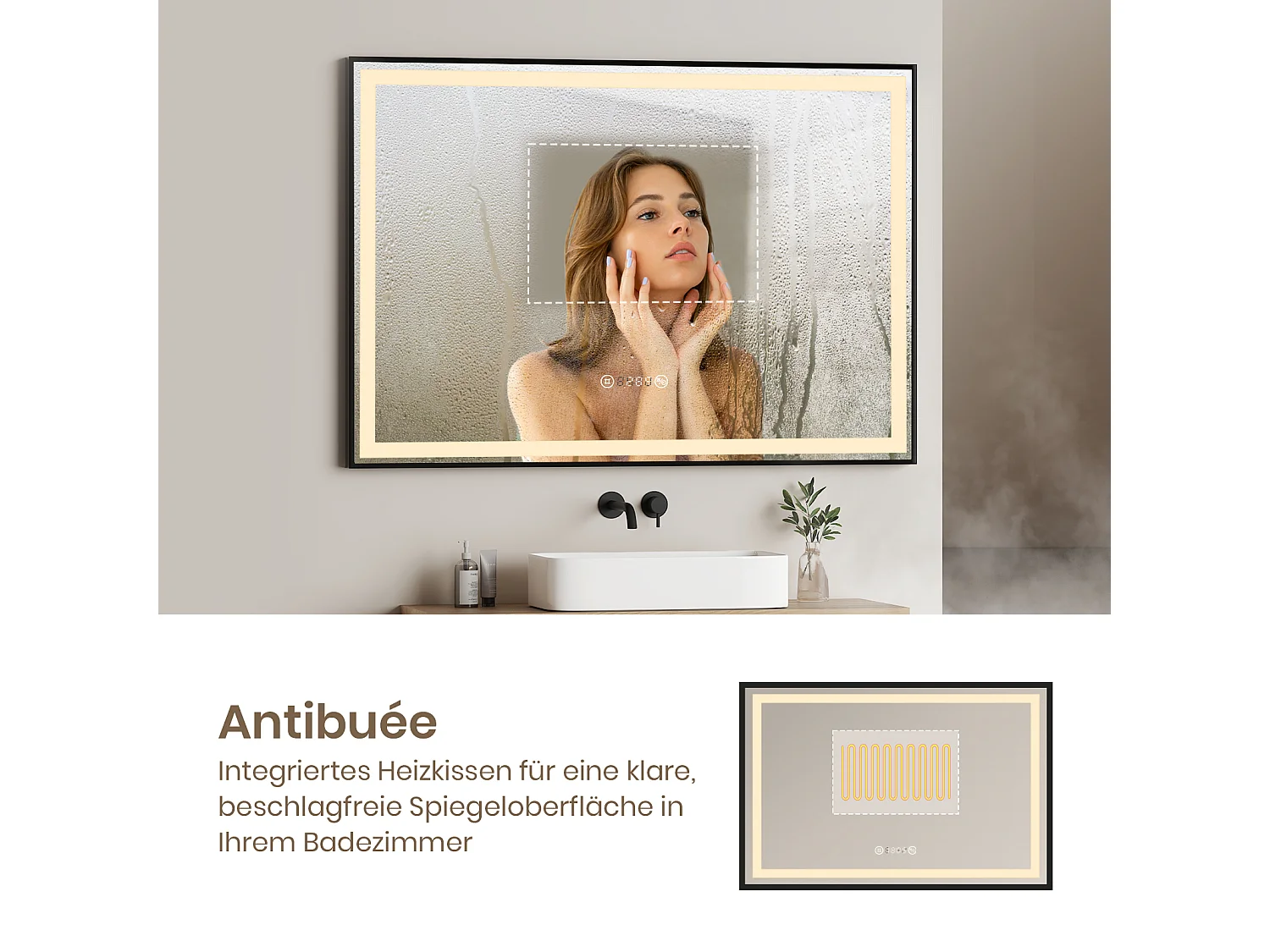 EMKE LED-badkamerspiegel 100 x 70 cm, zwart frame, touchschakelaar, anti-condens, klok en temperatuur, neutraal licht