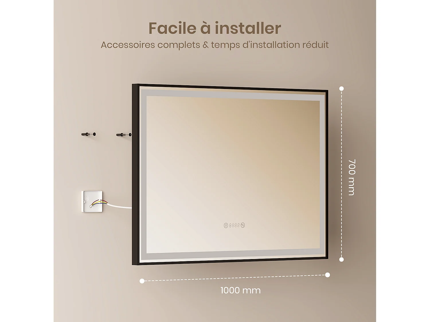 EMKE LED-badkamerspiegel 100 x 70 cm, zwart frame, touchschakelaar, anti-condens, klok en temperatuur, neutraal licht
