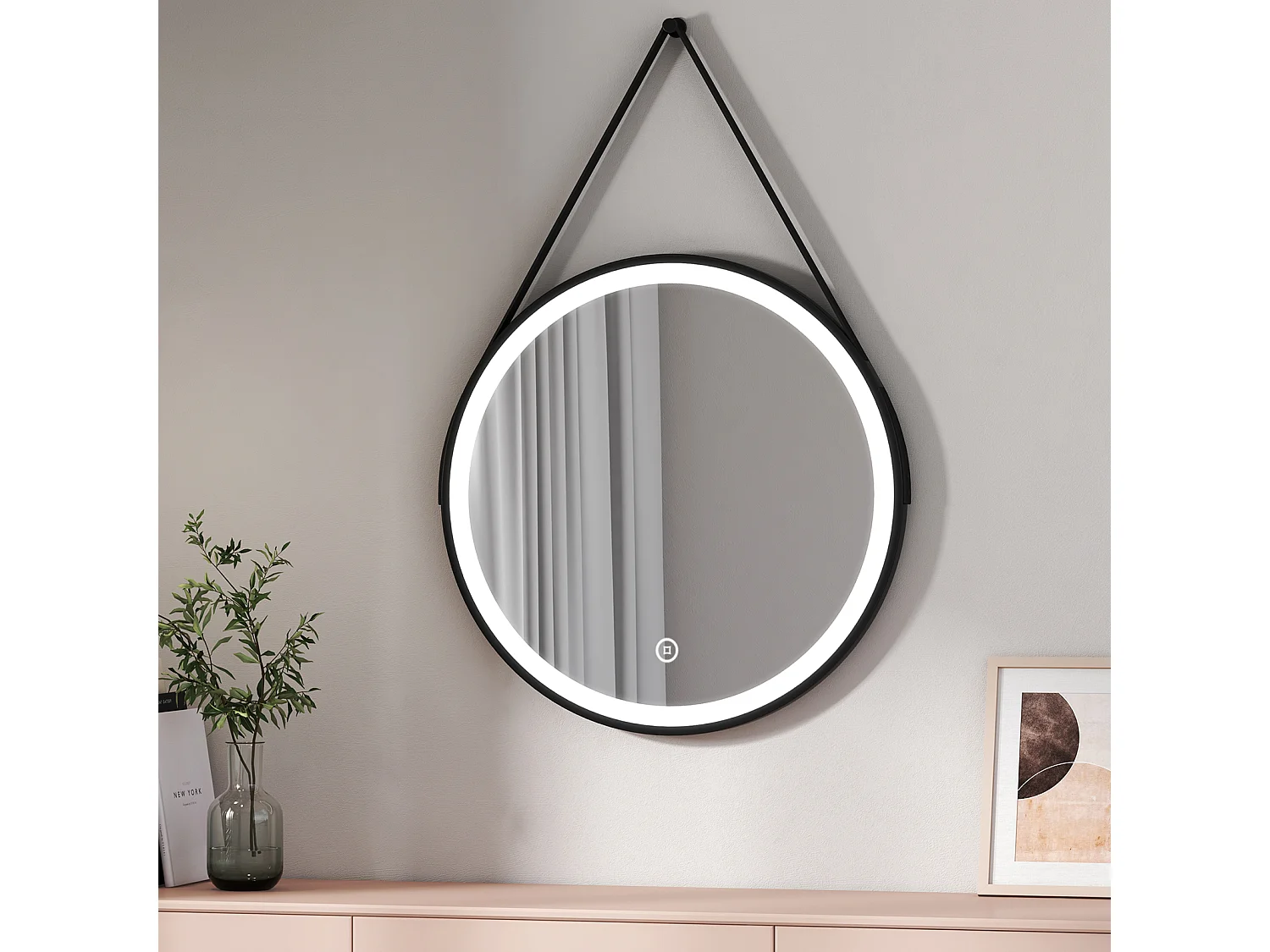 EMKE Miroir lumineux salle de bain rond diamètre 70cm cadre noir, Sangle réglable, Miroir LED avec Interrupteur Tactile, Lumière Froide