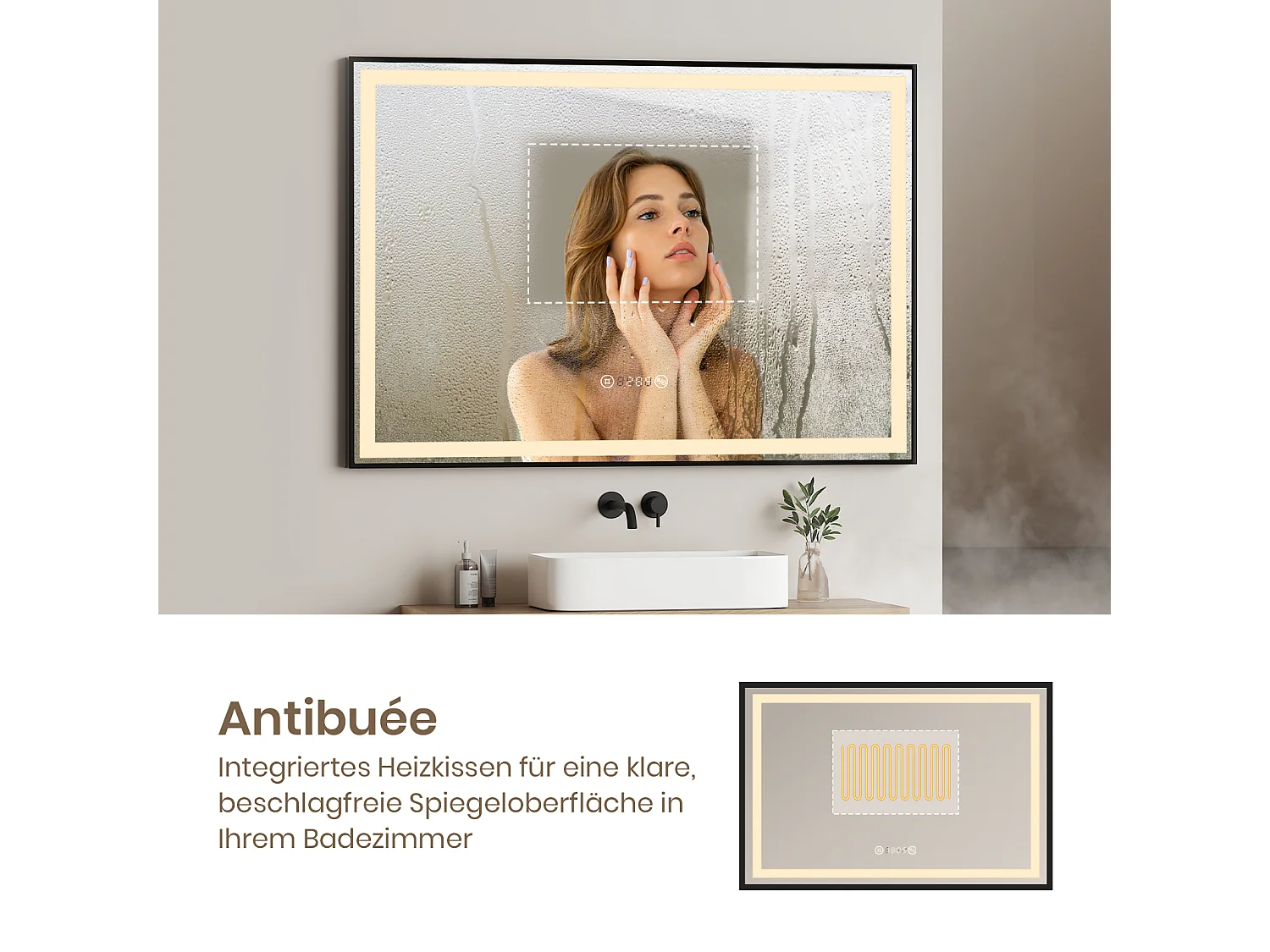 EMKE Miroir lumineux salle de bain 120x70cm, Cadre noir, Miroir LED avec Interrupteur Tactile, Anti-buée, Horloge et Température, Lumière Neutre