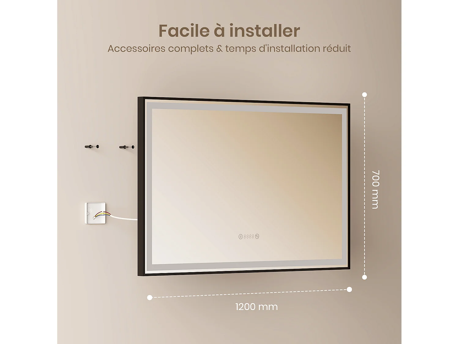 EMKE Miroir lumineux salle de bain 120x70cm, Cadre noir, Miroir LED avec Interrupteur Tactile, Anti-buée, Horloge et Température, Lumière Neutre