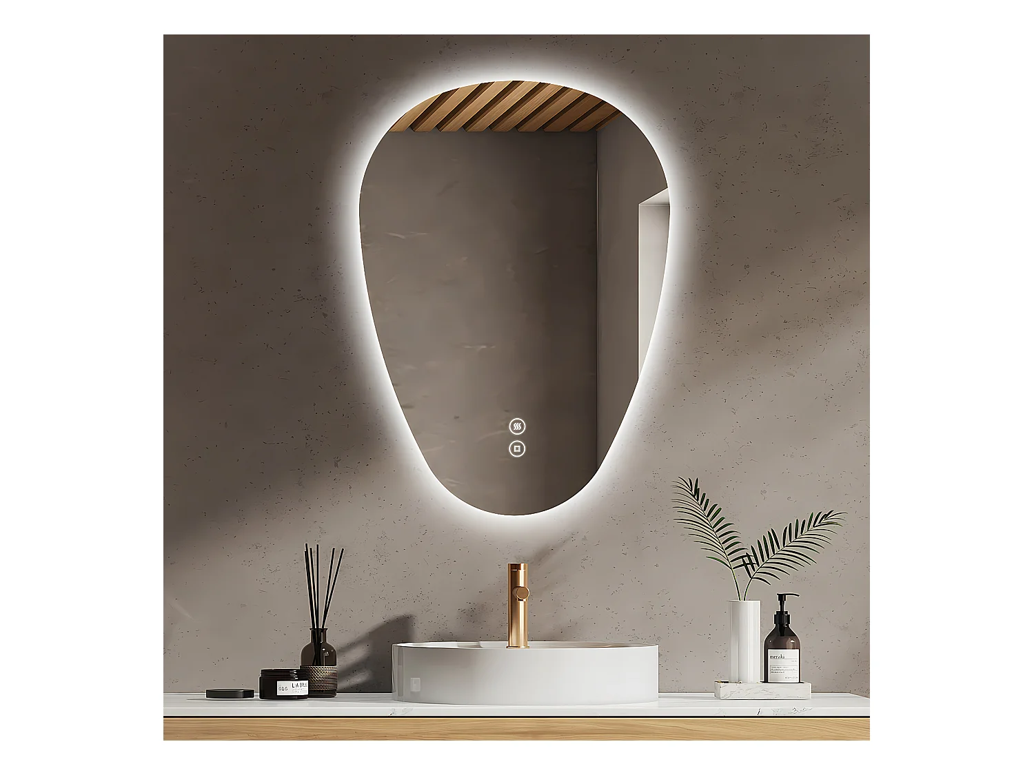 EMKE Miroir Salle de Bain avec Éclairage, 80 x 60 cm, Miroir LED Asymétrique, Interrupteur Tactile, 3 Couleurs de Lumière Réglables, Miroir Anti-Buée