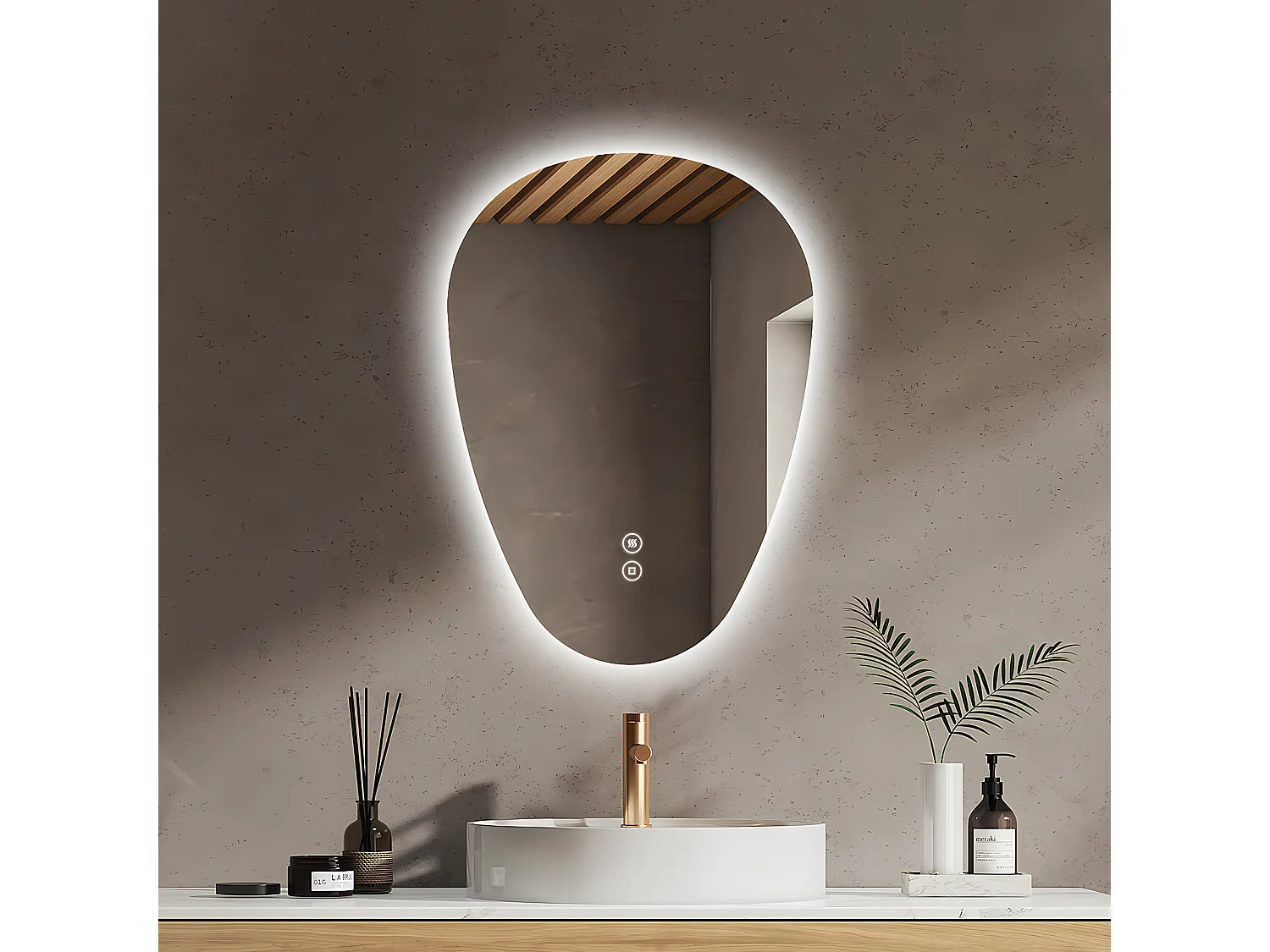 EMKE Miroir Salle de Bain avec Éclairage, 70 x 50 cm, Miroir LED Asymétrique, Interrupteur Tactile, 3 Couleurs de Lumière Réglables, Miroir Anti-Buée