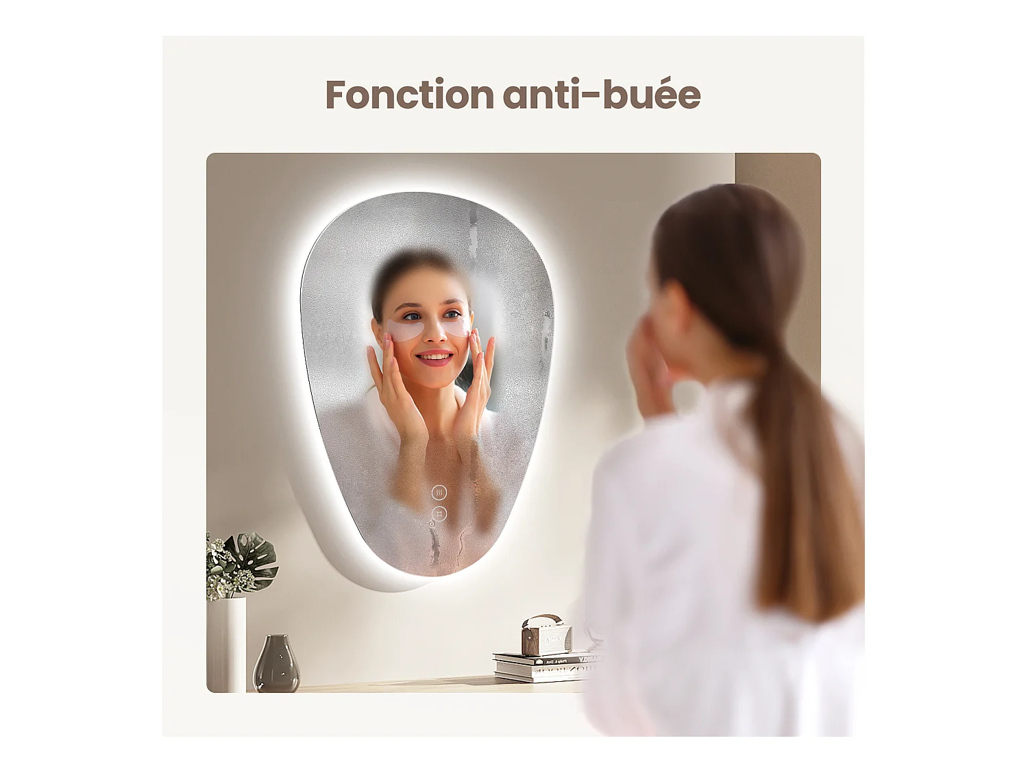 EMKE Badkamerspiegel met LED Verlichting, 70 x 50 cm, Asymmetrische Spiegel, Touch Schakelaar, 3 Kleurtemperaturen Instelbaar, Anti-condens