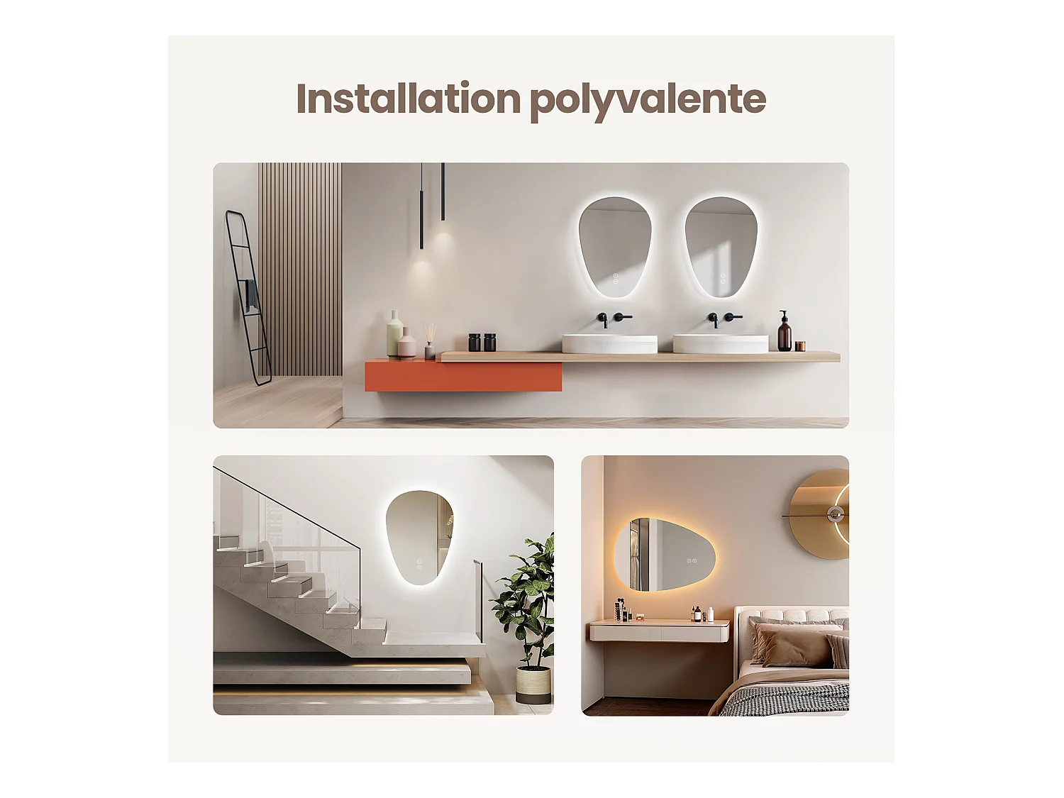 EMKE Badkamerspiegel met LED Verlichting, 70 x 50 cm, Asymmetrische Spiegel, Touch Schakelaar, 3 Kleurtemperaturen Instelbaar, Anti-condens