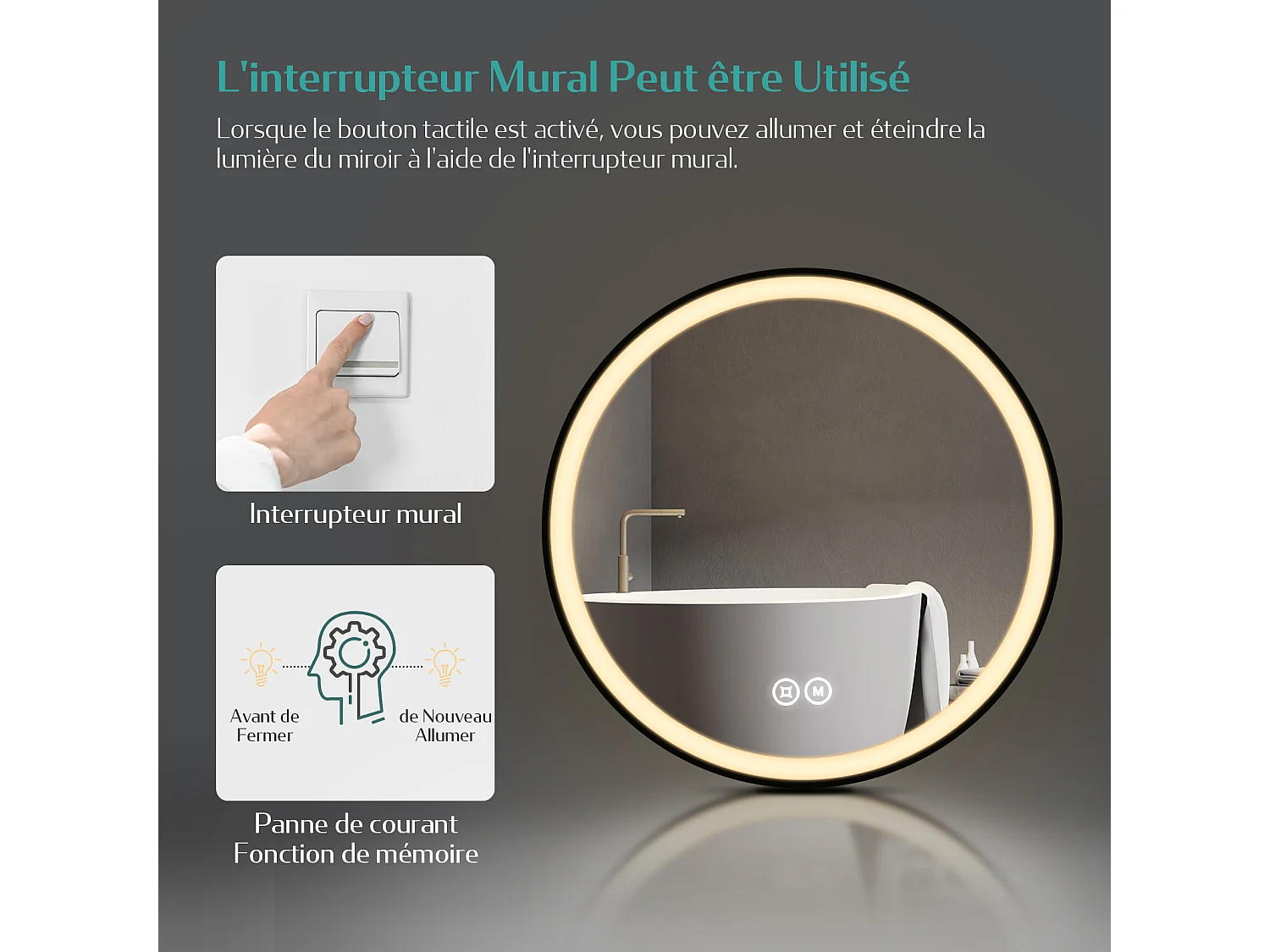 EMKE LED Specchio da bagno rotondo con cornice nera e tracolla regolabile Interruttore a sfioramento - Diametro 80 cm Luce bianca fredda/calda/neutra