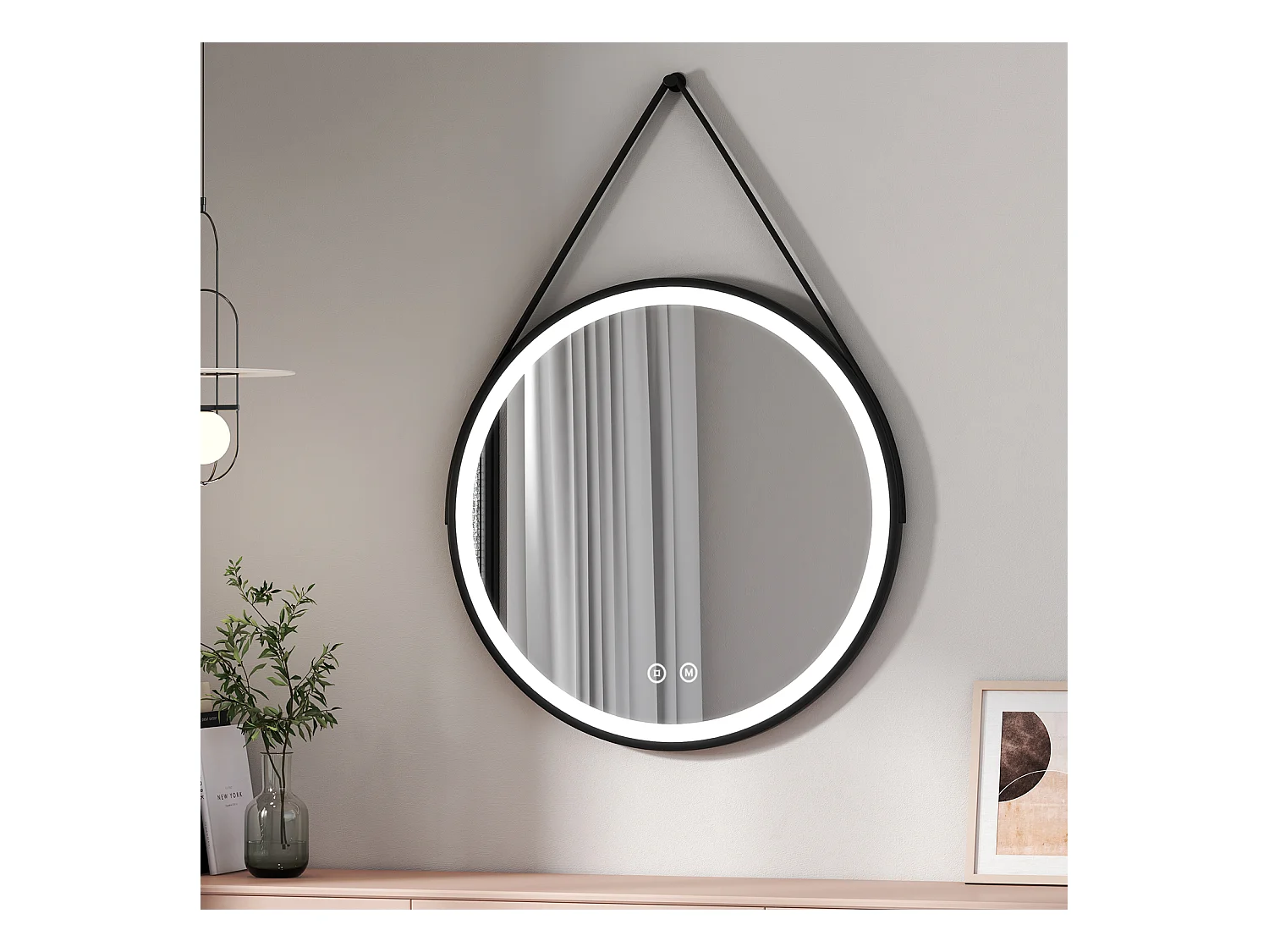 EMKE Miroir lumineux salle de bain rond diamètre 80cm cadre noir, Sangle réglable, Miroir LED avec Interrupteur Tactile, 3 couleurs de Lumières