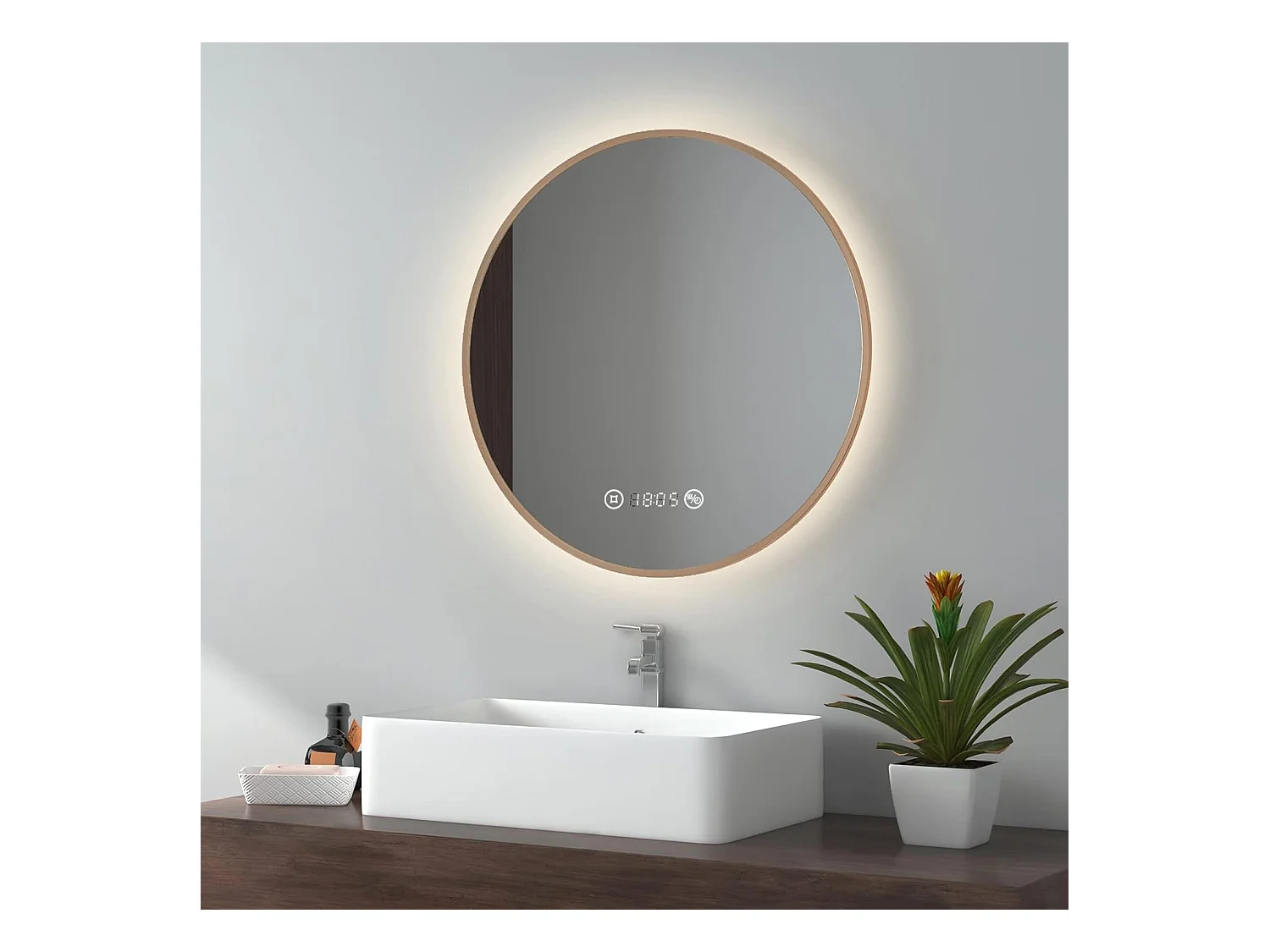EMKE Rond LED Badkamerspiegel 60cm, Gouden Omlijsting, Touch Schakelaar, Anti-condens, Klok & Temperatuur, Neutraal Licht