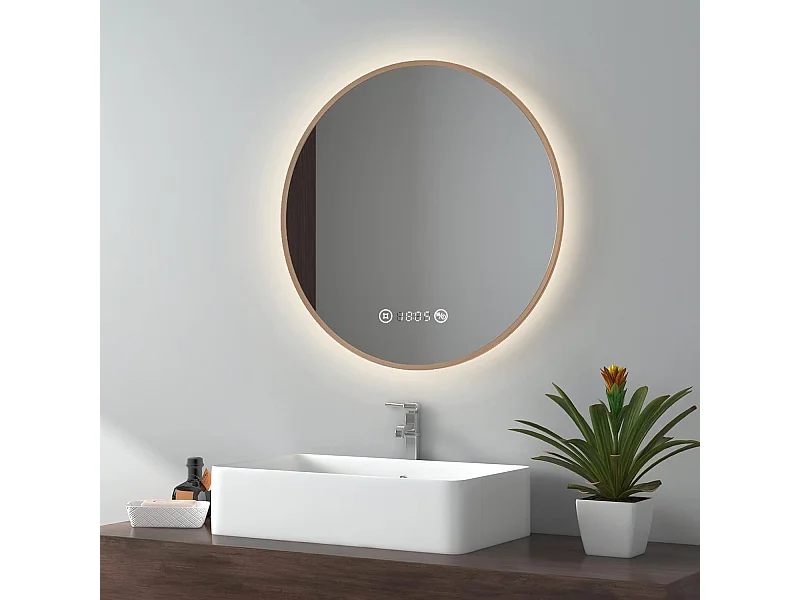 EMKE Miroir lumineux salle de bain rond diamètre 60cm Cadre Doré, Miroir LED, Interrupteur Tactile, Anti-buée, Horloge et Temperature, Lumière Neutre