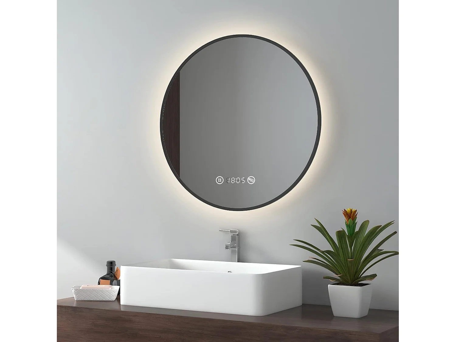 EMKE Specchio da bagno a LED Specchio con Antiappannamento, Dimmerabile, Funzione memoria, Luce neutra, Diametro 60 cm Cornice nera