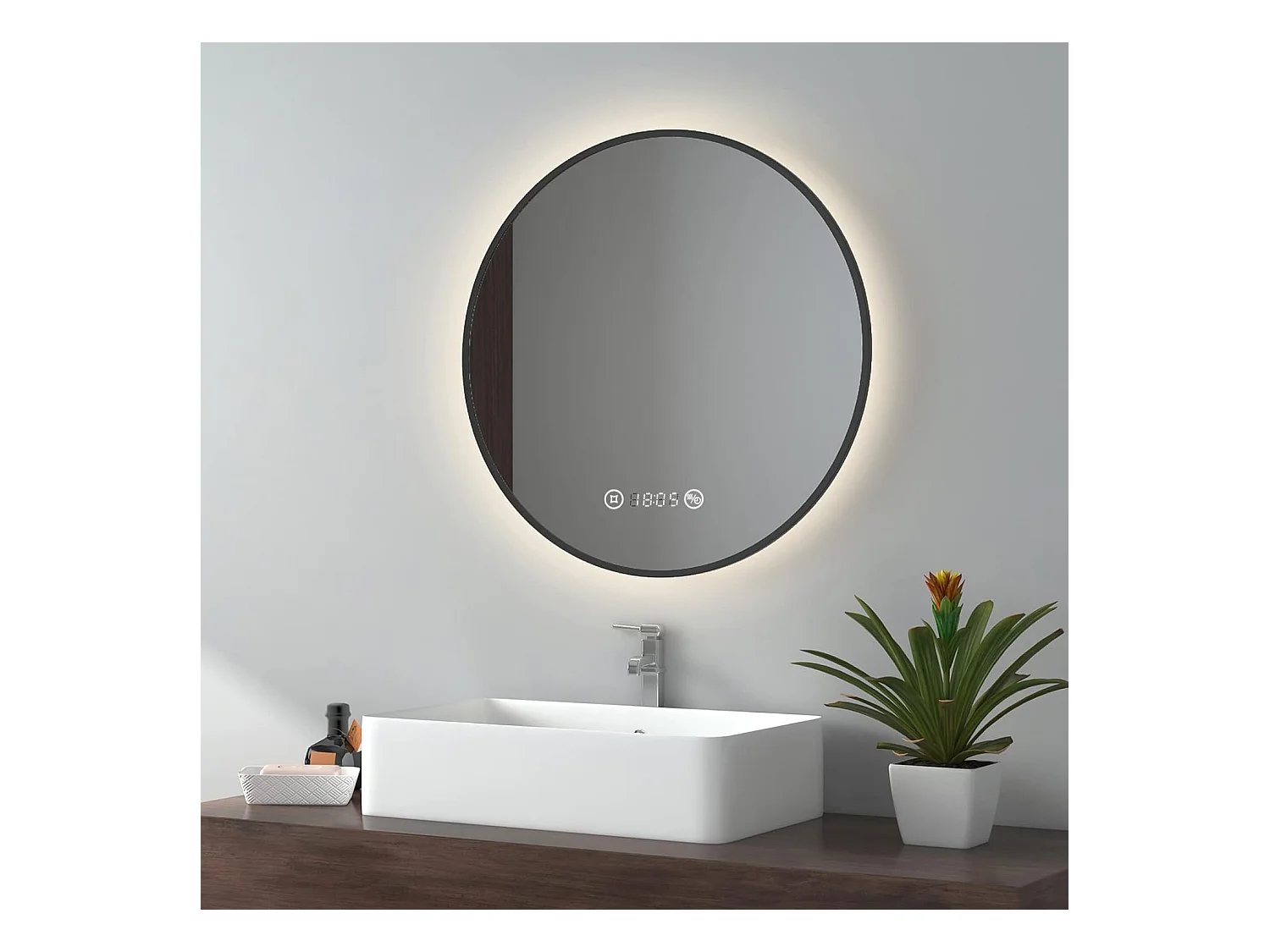 EMKE Miroir lumineux salle de bain rond diamètre 60cm Cadre Noir, Miroir LED, Interrupteur Tactile, Anti-buée, Horloge et Temperature, Lumière Neutre