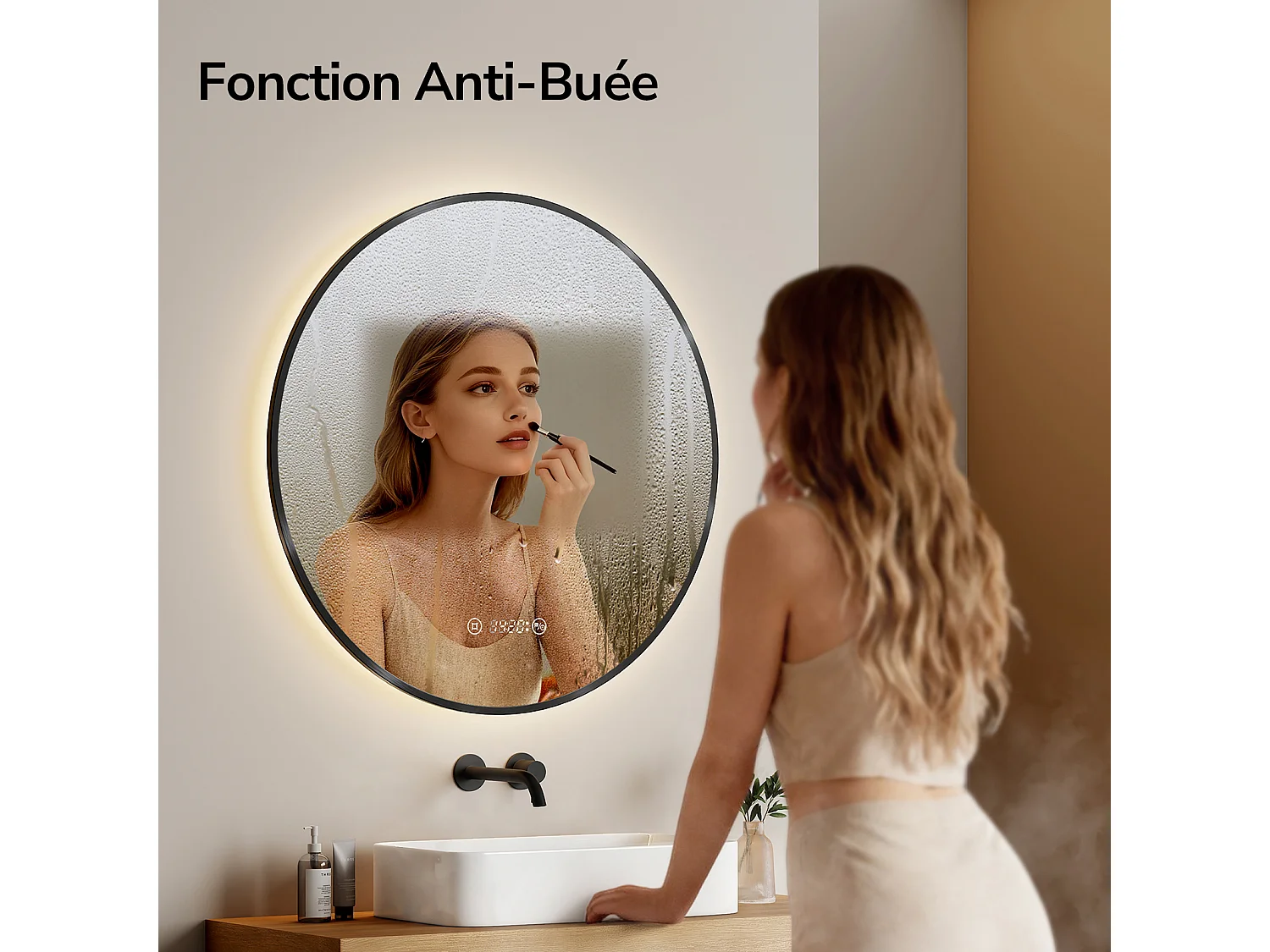 EMKE Miroir LED salle de bain rond 60 cm, Cadre Noir, Horloge et Temperature, Anti-buée, Interrupteur Tactile,  Lumière Neutre