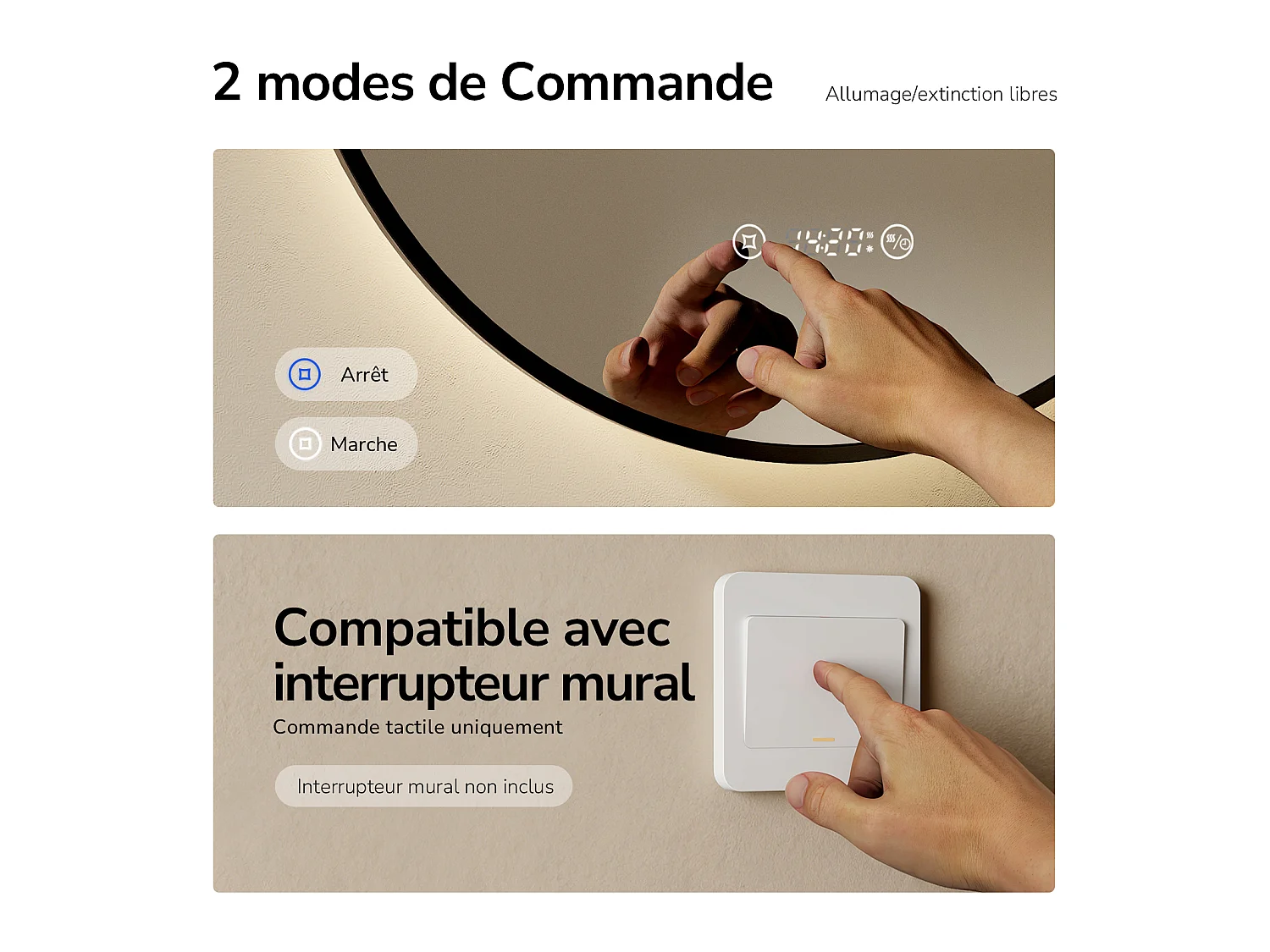 EMKE Miroir LED salle de bain rond 60 cm, Cadre Noir, Horloge et Temperature, Anti-buée, Interrupteur Tactile,  Lumière Neutre