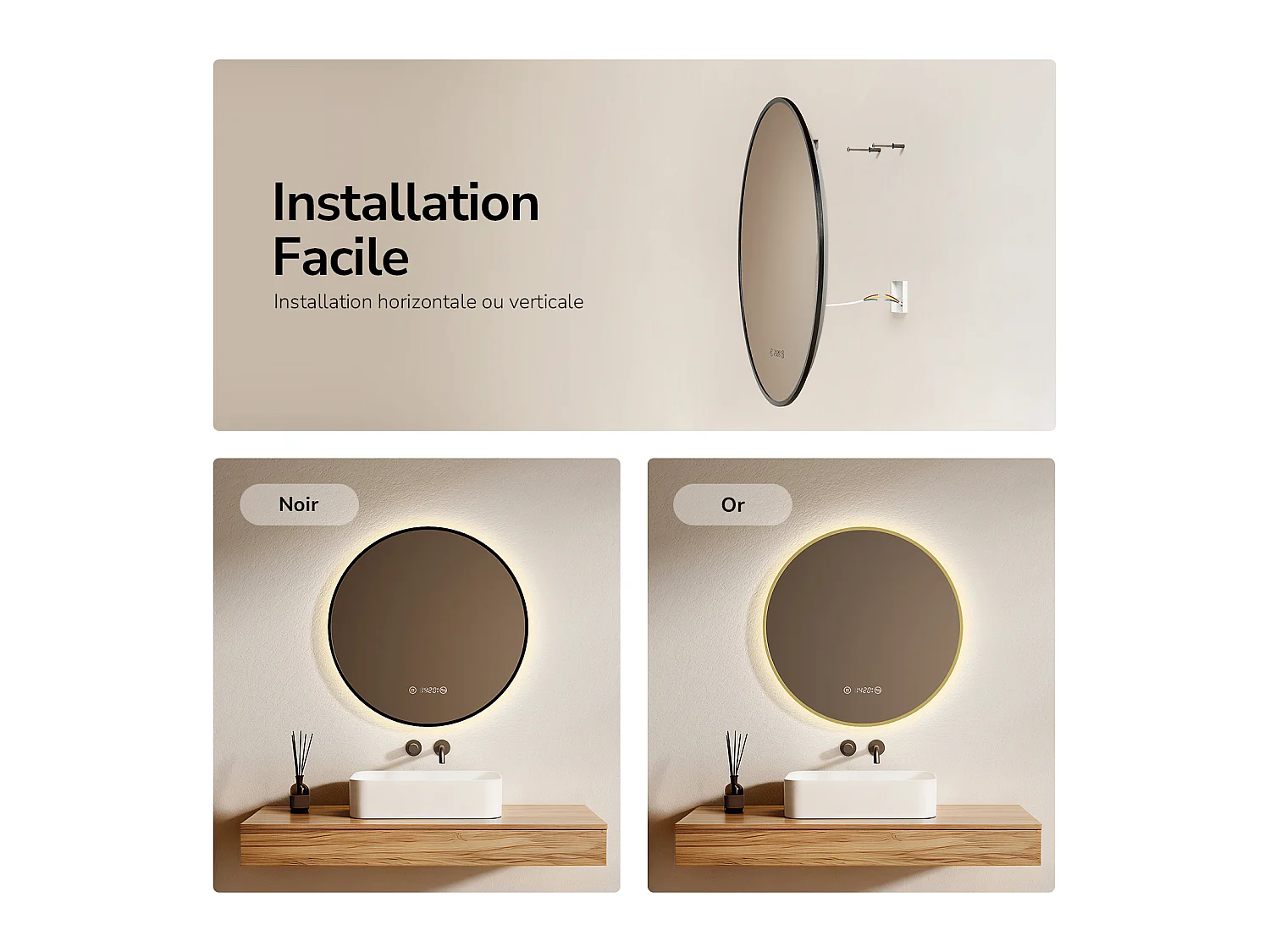 EMKE Miroir LED salle de bain rond 60 cm, Cadre Noir, Horloge et Temperature, Anti-buée, Interrupteur Tactile,  Lumière Neutre