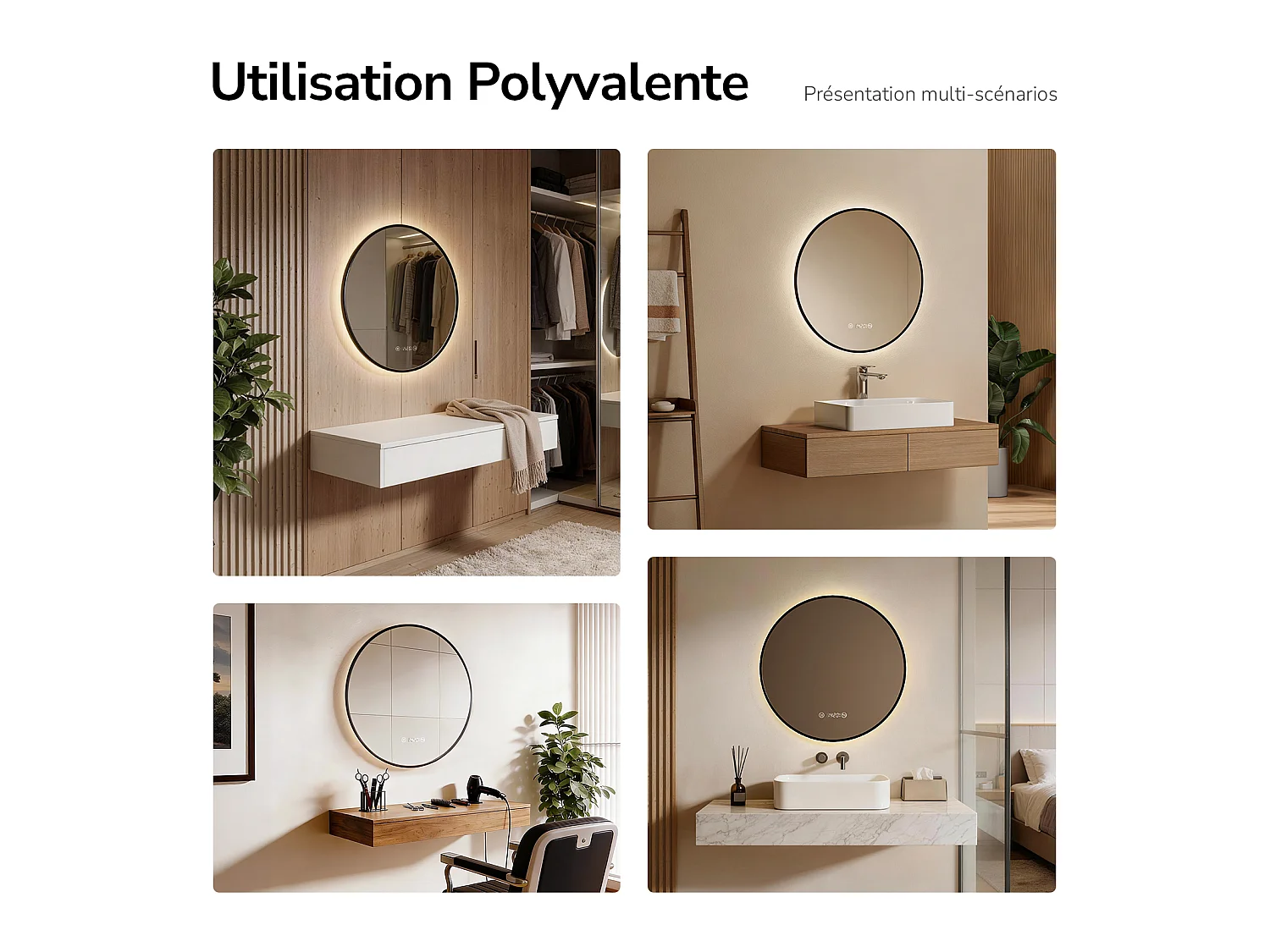 EMKE Miroir LED salle de bain rond 60 cm, Cadre Noir, Horloge et Temperature, Anti-buée, Interrupteur Tactile,  Lumière Neutre