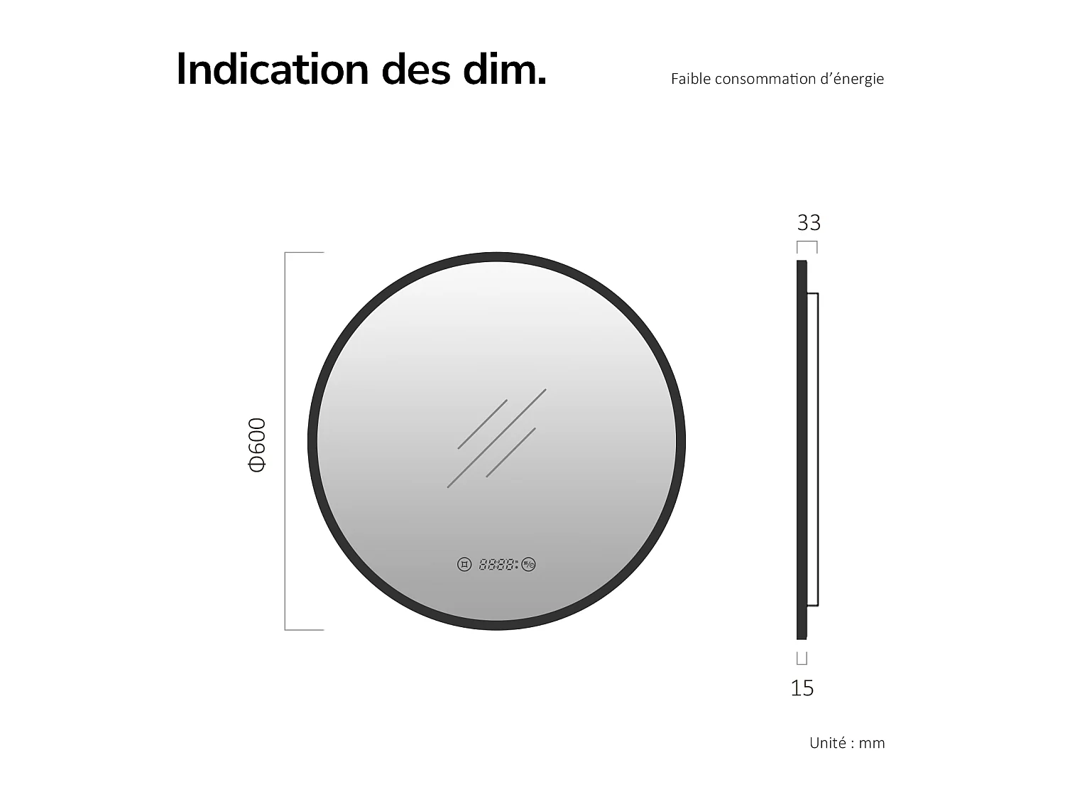 EMKE Miroir LED salle de bain rond 60 cm, Cadre Noir, Horloge et Temperature, Anti-buée, Interrupteur Tactile,  Lumière Neutre