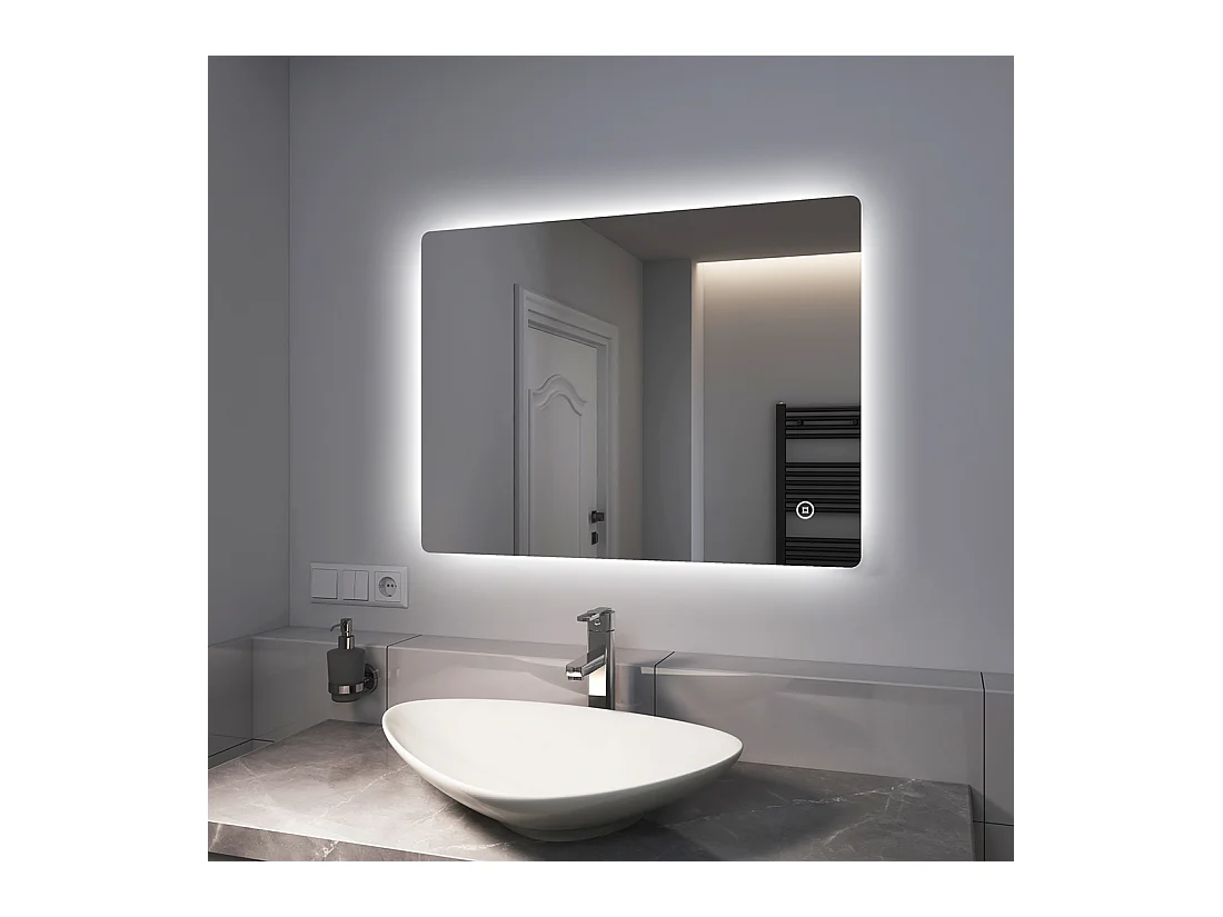 EMKE Specchio da bagno a LED con retroilluminazione a LED 80x60cm | Interruttore a sfioramento | Luce bianca fredda