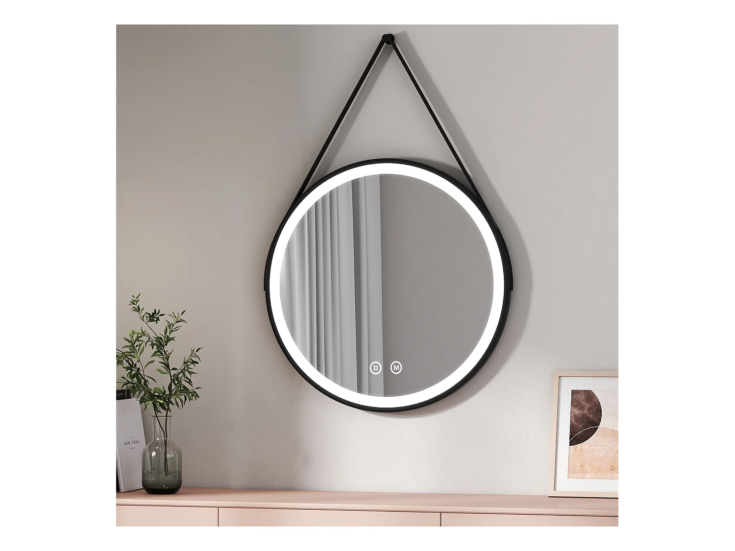 EMKE LED Specchio da bagno rotondo con cornice nera e tracolla regolabile Interruttore a sfioramento - Diametro 70 cm Luce bianca fredda/calda/neutra