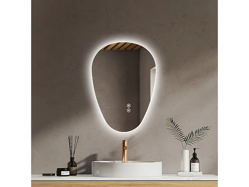 EMKE Miroir Salle de Bain avec Éclairage, 60 x 45 cm, Miroir LED Asymétrique, Interrupteur Tactile, 3 Couleurs de Lumière Réglables, Miroir Anti-Buée