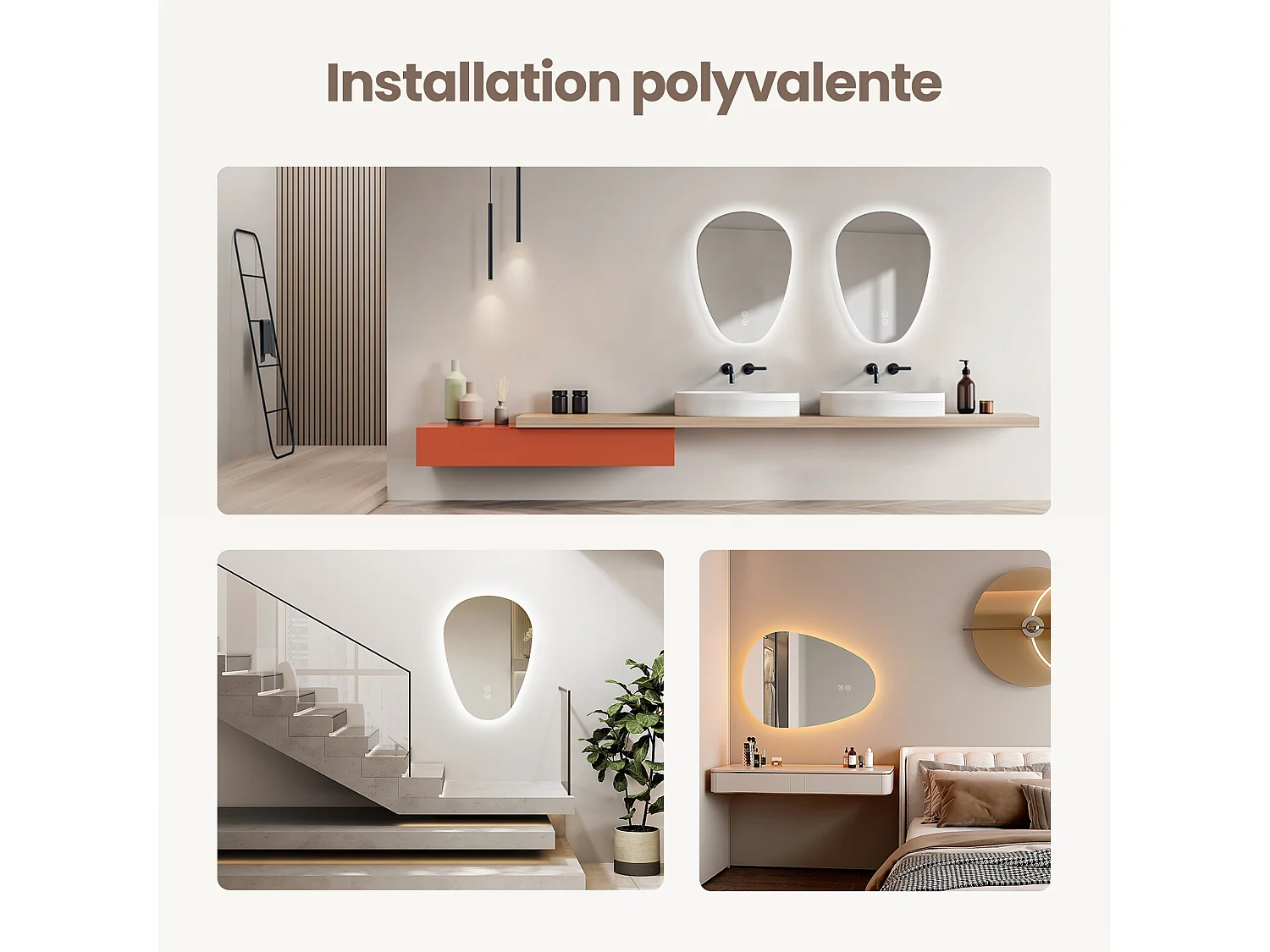 EMKE Miroir Salle de Bain avec Éclairage, 60 x 45 cm, Miroir LED Asymétrique, Interrupteur Tactile, 3 Couleurs de Lumière Réglables, Miroir Anti-Buée