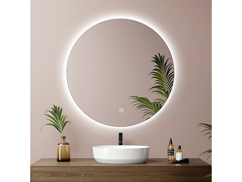 EMKE Miroir lumineux salle de bain rond diamètre 60cm, rétro-éclairage sans cadre, Miroir LED avec Interrupteur Tactile, Lumière Blanche Froide