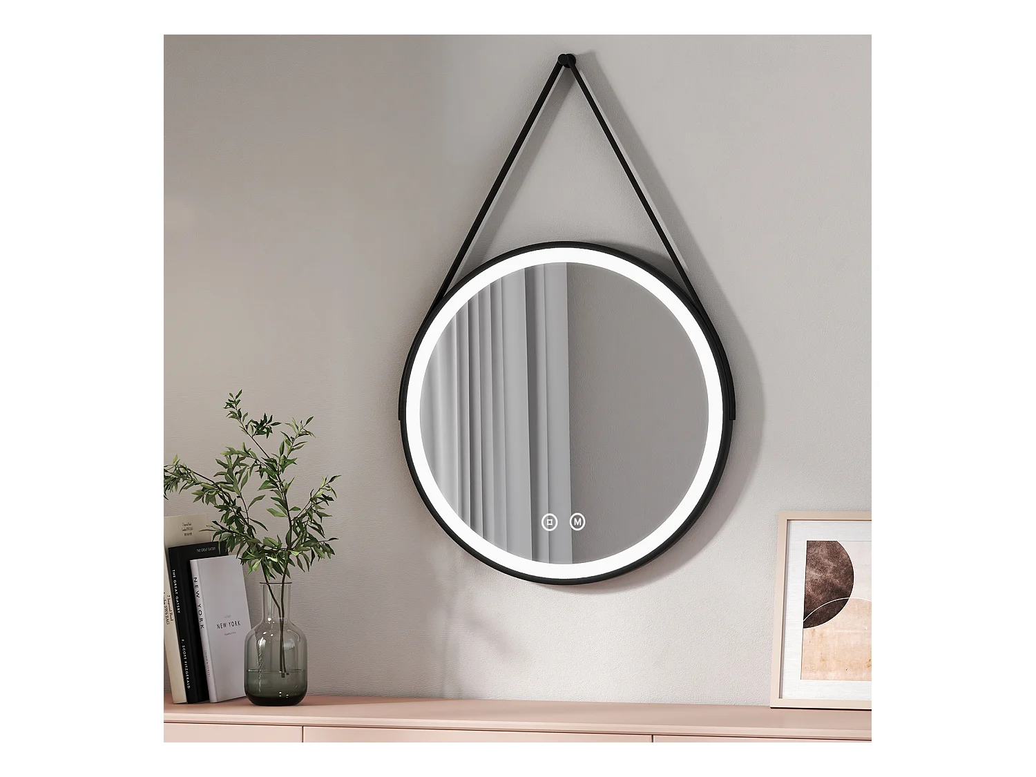 EMKE Miroir lumineux salle de bain rond diamètre 60cm cadre noir, Sangle réglable, Miroir LED avec Interrupteur Tactile, Lumière Froide/Chaude/Neutre