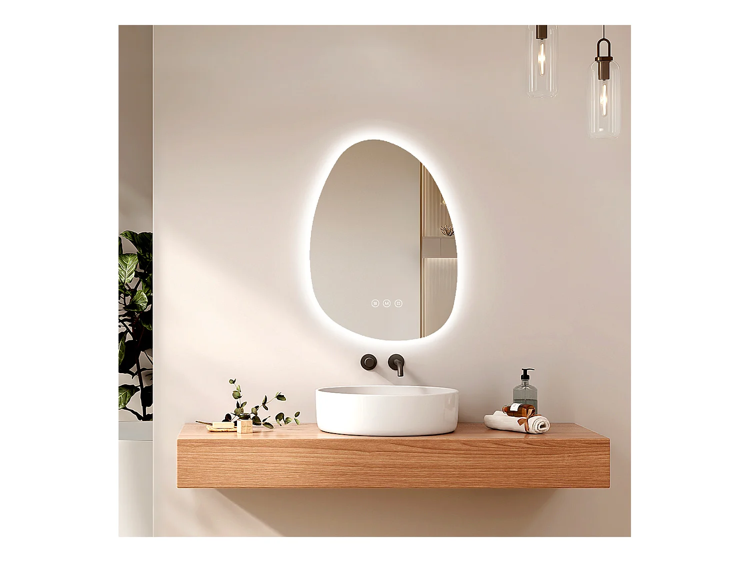 EMKE Miroir salle de bain avec éclairage, Miroir asymétrique LED, anti-buée, interrupteur tactile, 3 couleurs de lumière réglable, 65 x 45 cm