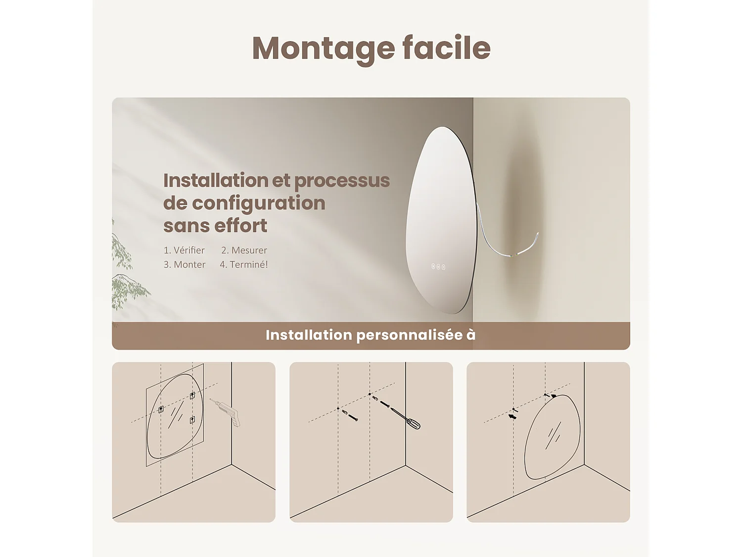 EMKE Miroir salle de bain avec éclairage, Miroir asymétrique LED, anti-buée, interrupteur tactile, 3 couleurs de lumière réglable, 65 x 45 cm