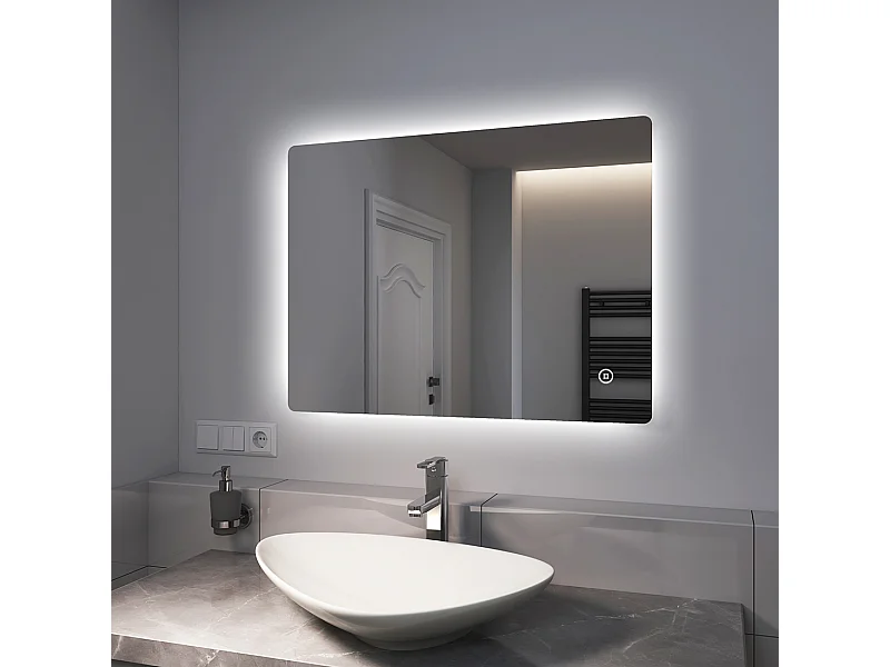 EMKE Specchio da bagno a LED con retroilluminazione a LED 80x60cm | Interruttore tattile, antiappannamento | Luce bianca fredda/calda/neutra