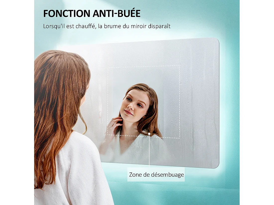 EMKE Miroir lumineux salle de bain Rétro-éclairage 80x60cm, Miroir LED avec Interrupteur Tactile, Anti-buée, Lumière Blanche Froide/Chaude/Neutre